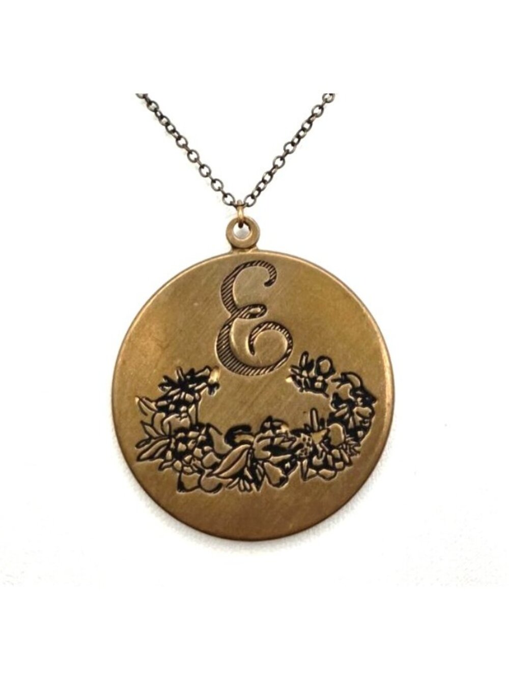 Engraved Floral Monogram "E" Pendant With Antique Bronze Finish And Chain